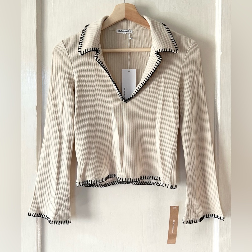 NWT Reformation Nolen Knit Collared Stitch Detail Top Bone XS Academia Casual - Picture 5 of 9